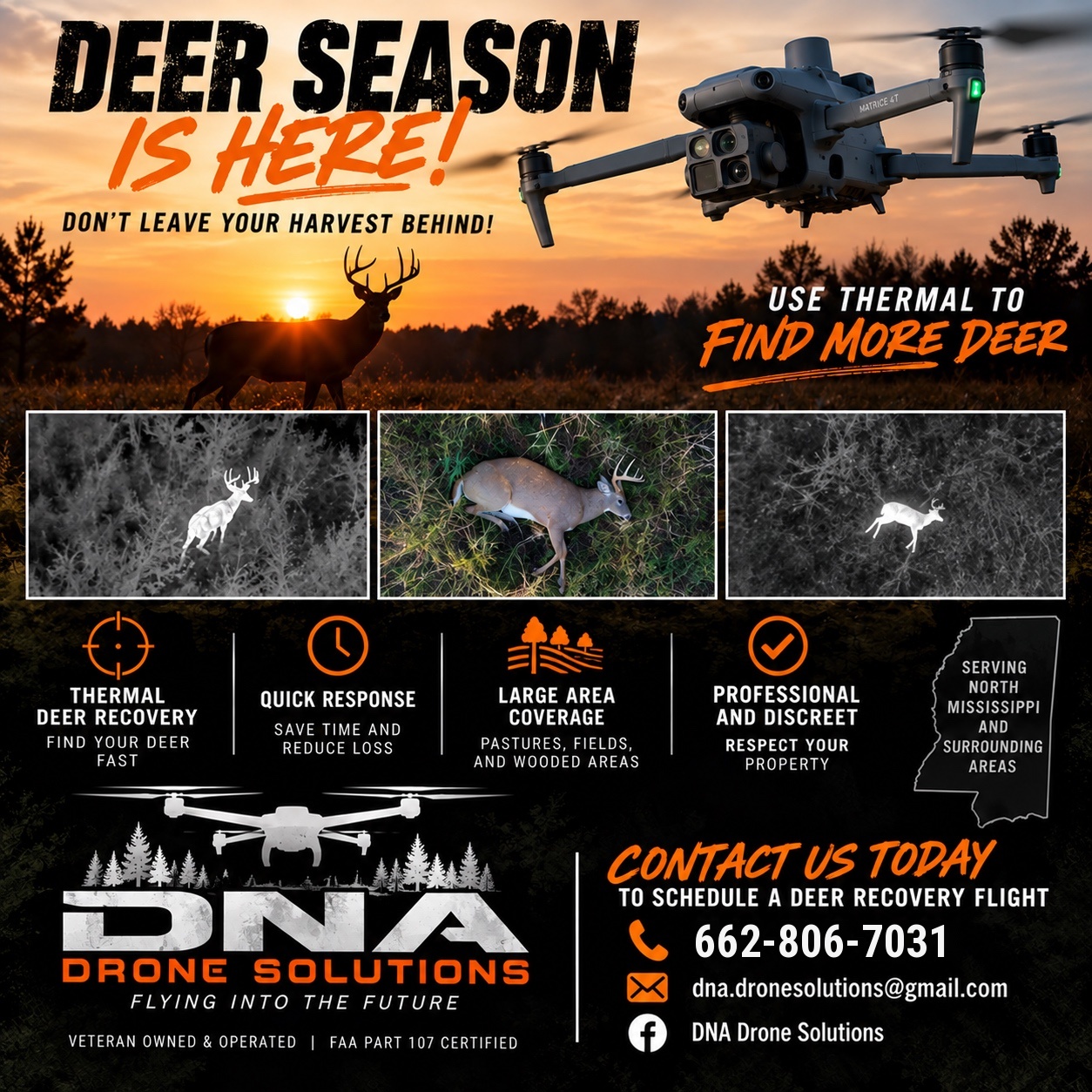 DNA Drone Solutions deer recovery promotional artwork showing a drone, deer, and thermal images